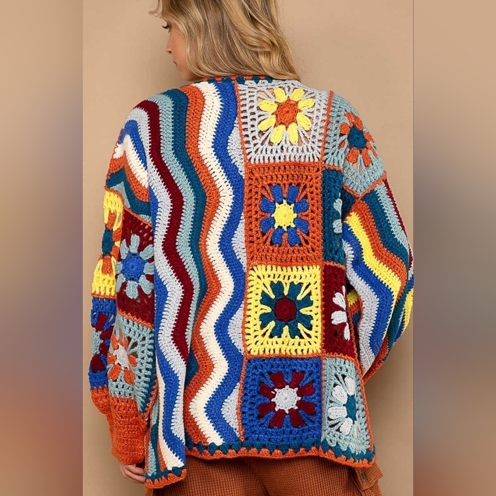 NWT POL Crochet Knit Granny Square Floral Open Cardigan Retro 70s Boho - Picture 7 of 8